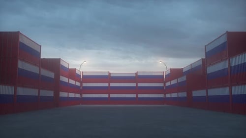 Russia flag containers are located at the container terminal. Russia export or import concept