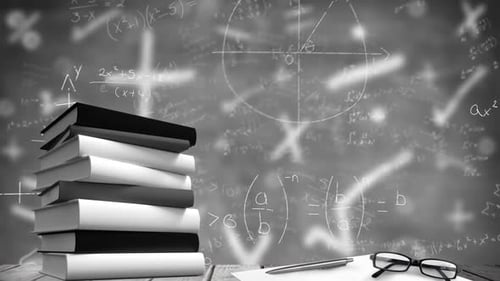 Stack of books and glasses against mathematical equations floating on grey background