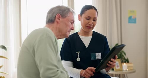 Tablet, healthcare and nurse with senior man for research on diagnosis or treatment in nursing home