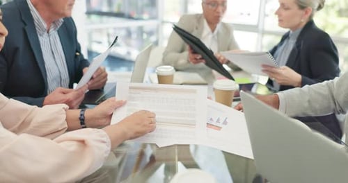 Marketing, teamwork and hands of business people with documents in meeting discussing strategy