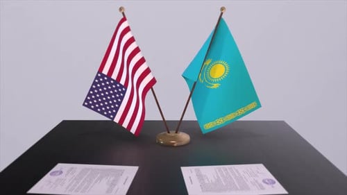Kazakhstan and USA at the negotiating table, a diplomatic deal. Business and politics animation