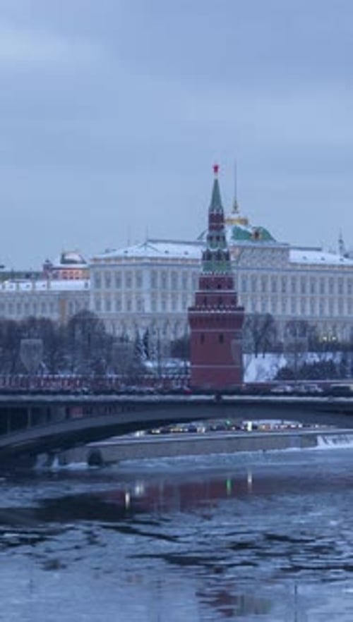 Night to Day Timelapse of Moscow Kremlin and Moscow River Winter Russia Vertical Video