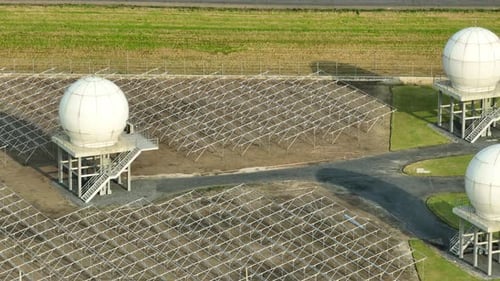 Aerial drone captures the ground satellite station.