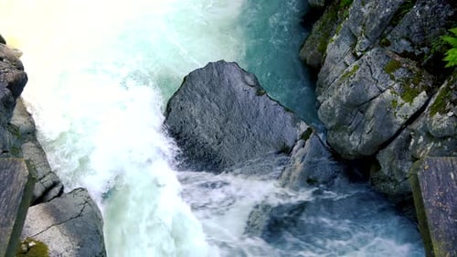 Mountain river water, top view. River Fast Flowing and Splashing making White Foam. Zenithal View