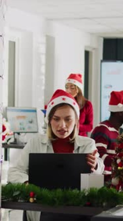 Vertical Video Videocall with Managers in Xmas Office