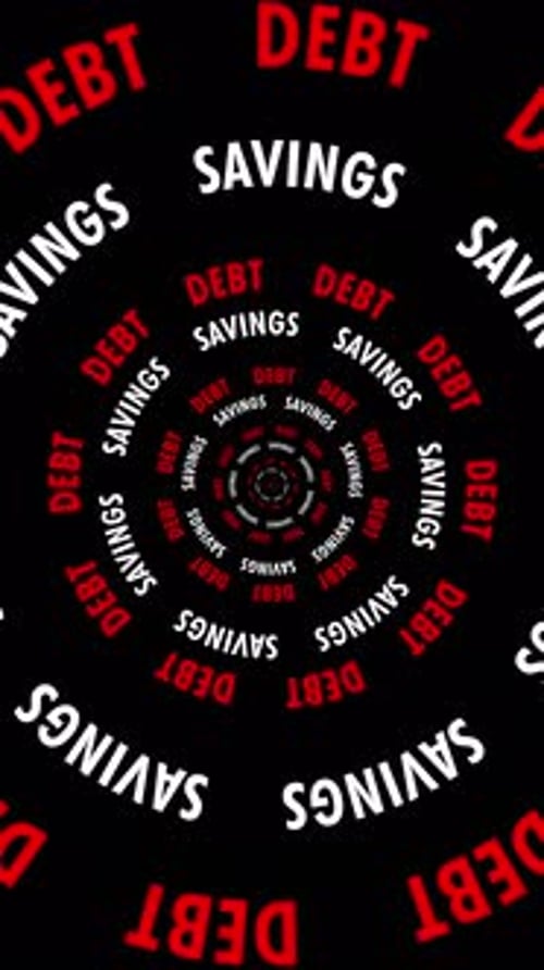 Vertical Infinite tunnel of Debt and Savings words looping on a black background
