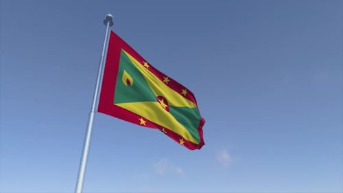 Grenada Flag Waving on Flagpole with Blue Sky