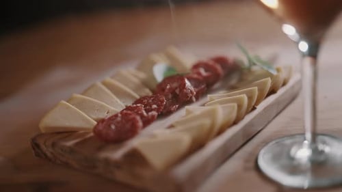 Close-up of platter with cheese, salami and glass of wine. Charcuterie. Supper. Elegant event. Argen