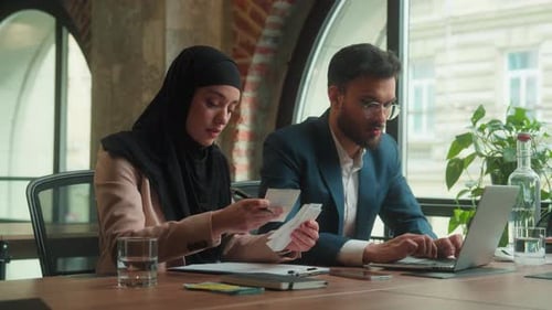 Frustrated Sad Anxious Displeased Business Partners Office Colleagues Arabian Man Muslim Woman Hijab
