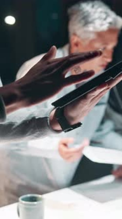 Tablet, research and meeting with hands of person in office for teamwork