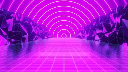 Futuristic Neon Tunnel Loop with Grid and Geometric Mountains