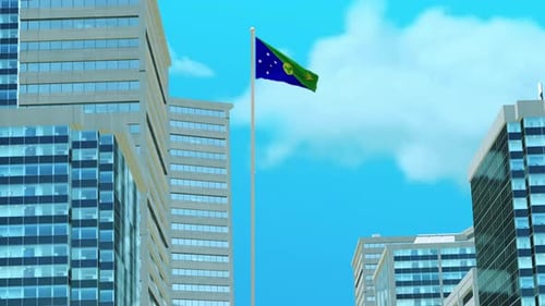 Christmas Island Flag 3D Render Animation with Urban Architecture and Clear Blue Sky