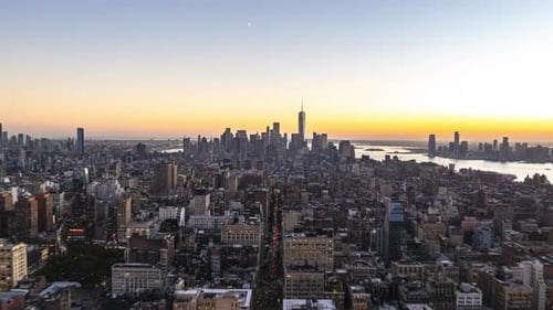 Aerial Hyperlapse Over Manhattan Lower East Side Financial District and One World Trade Center in
