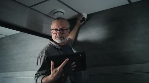 Male Installer Uses Tablet Computer to Set Up Surveillance Camera in Office Space