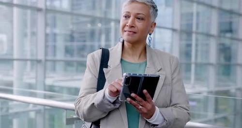 Smartphone, business and senior woman in office online for social media, networking and internet