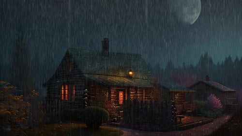 The Rain Falls On The Warm Cabin In The Serene Night Garden