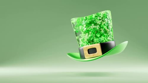 Saint Patricks Day video concept with green leprechaun hat filled with floating clovers on green