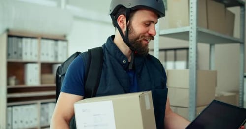 Delivery man, woman and box with tablet for signature of distribution, ecommerce