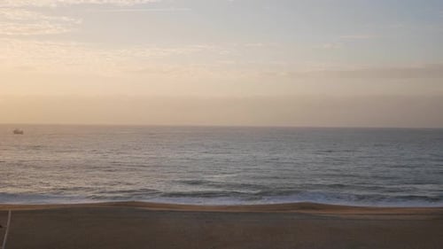 Panoramic horizon landscape sunset. Sky has golden light and beautiful cumulus cloud streets. Calm s