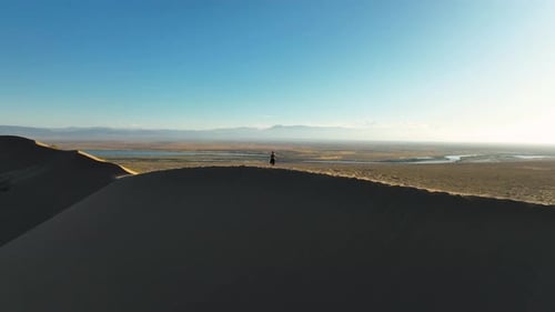 Lone figure on a dark sand dune overlooking a vast desert