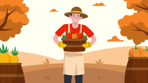 Animated Farmer Character Holding Harvest Basket Flat Design