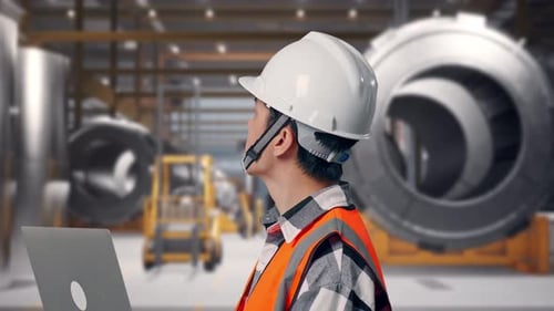 Close Up Side View Of Asian Male Engineer Working On A Laptop at Heavy Factory