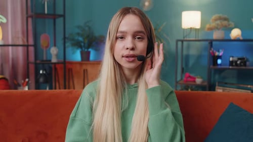 Young Woman Freelance Worker Call Center Support Service Operator Helpline Having Talk with Client