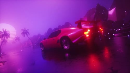 Futuristic Glowing Dark Foggy Landscape With Riding Sports Car Rettrowave Backdrop Loop