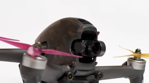 FPV drone propellers closeup, racing drone. Cinematic Shot of DJI FPV racing quadcopter.