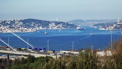 Bosphorus Strait in Istanbul Turkey, ship traffic, international container and passenger transportat