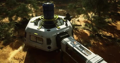 Space Habitat Module Located on a Desert Landscape Under a Bright Sky