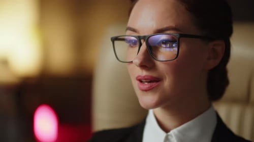 Reflection at the Glasses of Young Woman Looking Lots Different Images on Stock Photos Market