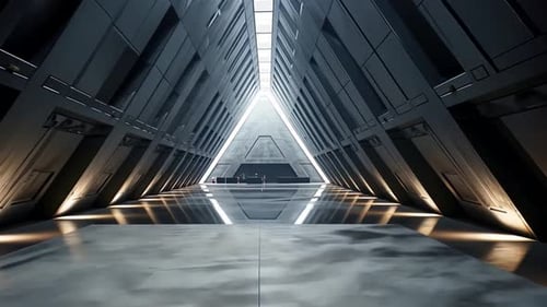 Futuristic, angular corridor with polished concrete floor