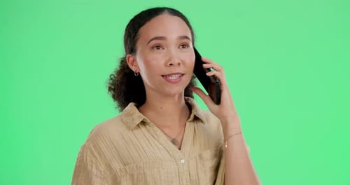 Smile, woman and talking with phone call on green screen for communication