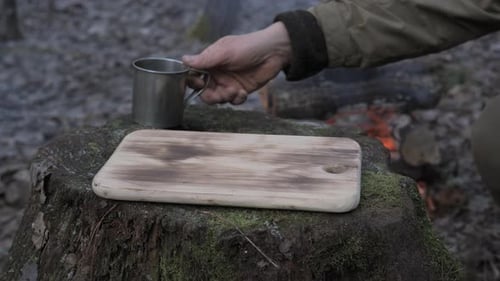 Forest Picnic Still Life with Food on Stump