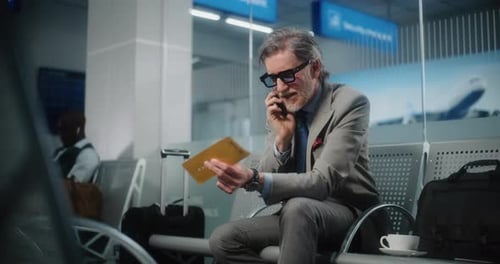 Airport Terminal Serious Businessman Talking on Smartphone Checking Flight Information