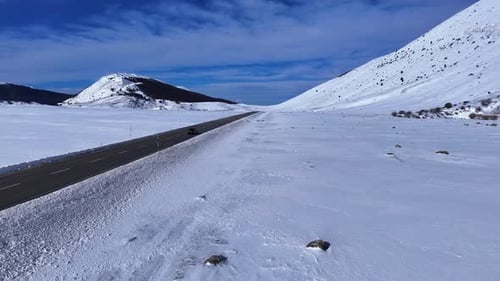 Aerial Drone View of Snowy Mountain Road in Abruzzo Italy