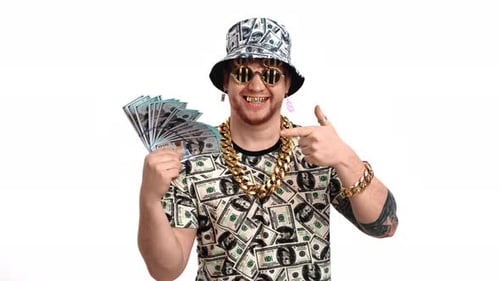 Young Adult with Money and Dollar Sign Glasses