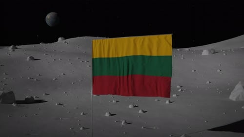 Flag Waving on Moon with Earth in Background