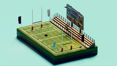 3D Rendering Loop of Rugby American Football Field with Tribune in Stadium Isometric View