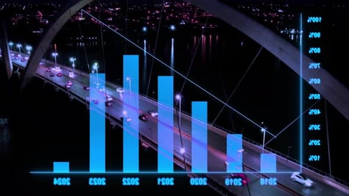 City bridge with blue graph and data visualization at night