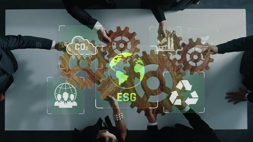Geschäftsteam arbeitet an Zielen für nachhaltige Entwicklung mit den Schwerpunkten Umwelt, Soziales,