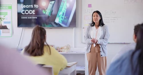 Teacher, presentation and code education in classroom, learning and information technology