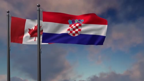 Waving Flags of Canada and Croatia with Cloudy Sky