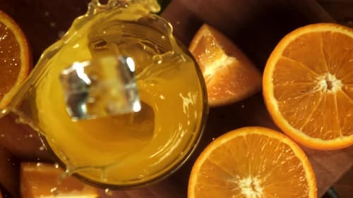 Ice Cubes Splashing into Orange Juice