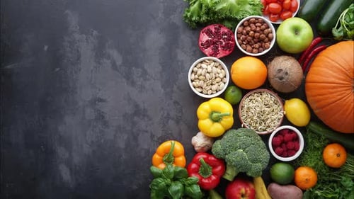 Zutaten für gesunde Ernährung: Frisches Gemüse, Obst und Superfood, Ernährung, Diät, veganes Lebensmittelkonzept