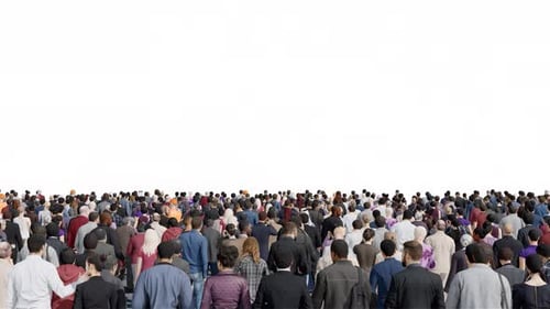 Huge Crowd of the 3d People in Rear View on Alpha Channel White Background