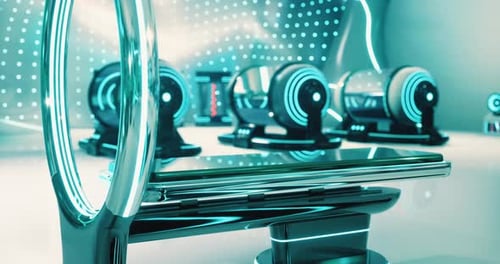 Futuristic Workspace with Sleek Design and Glowing Technology Elements