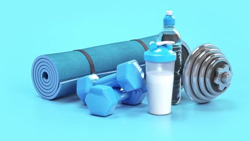 Sport Quipment Mat Dumbells and Protein Shaker for Fitness and Gym on Blue Background
