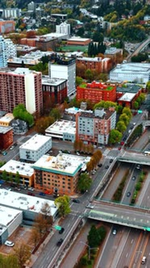 Portland streets on drone view. American urban city aerial view. Vertical video